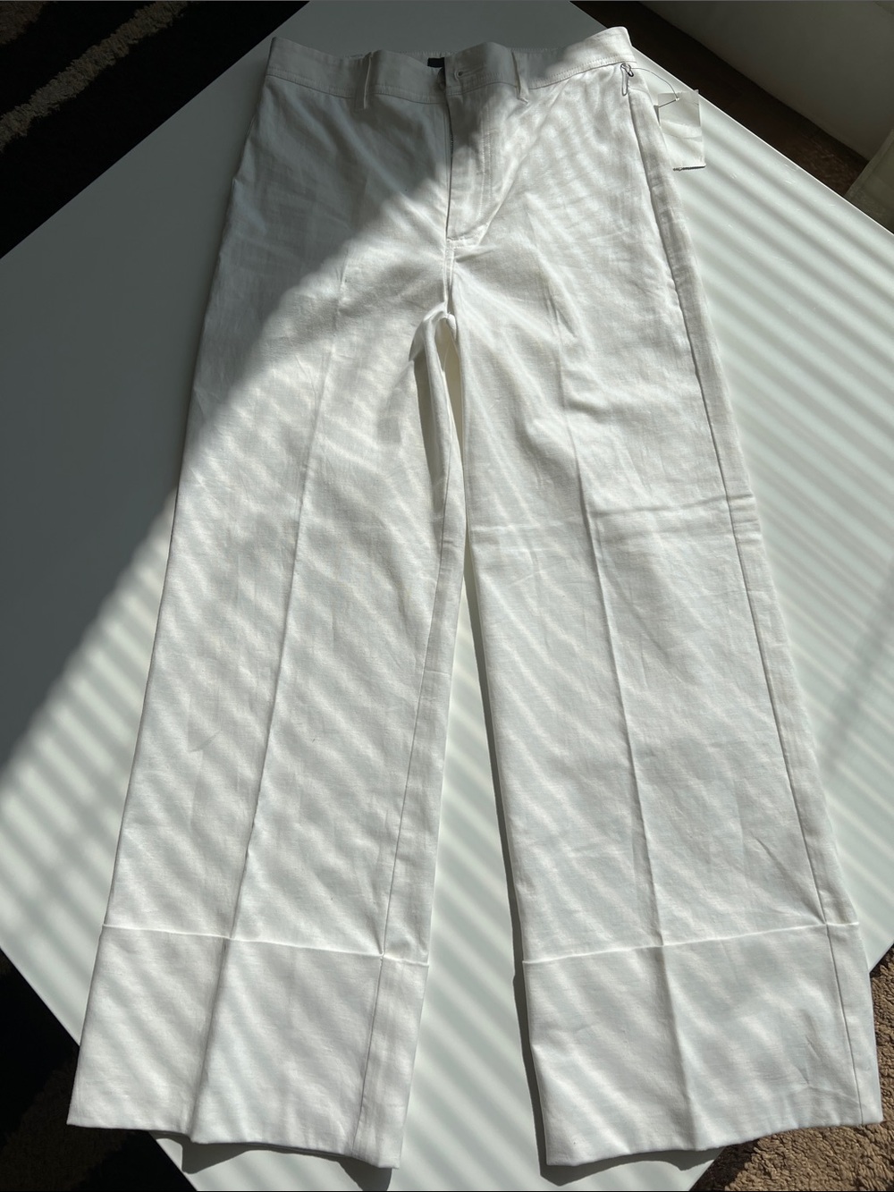 Wide Leg Cuffed Hem Linen Blend Trousers